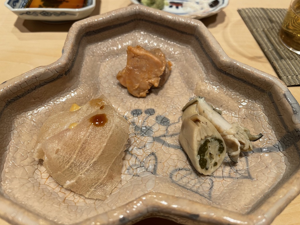 珍味3主盛り(あん肝、シロカワカジキ、牡蠣の味噌漬け) - 鮨 はしもと