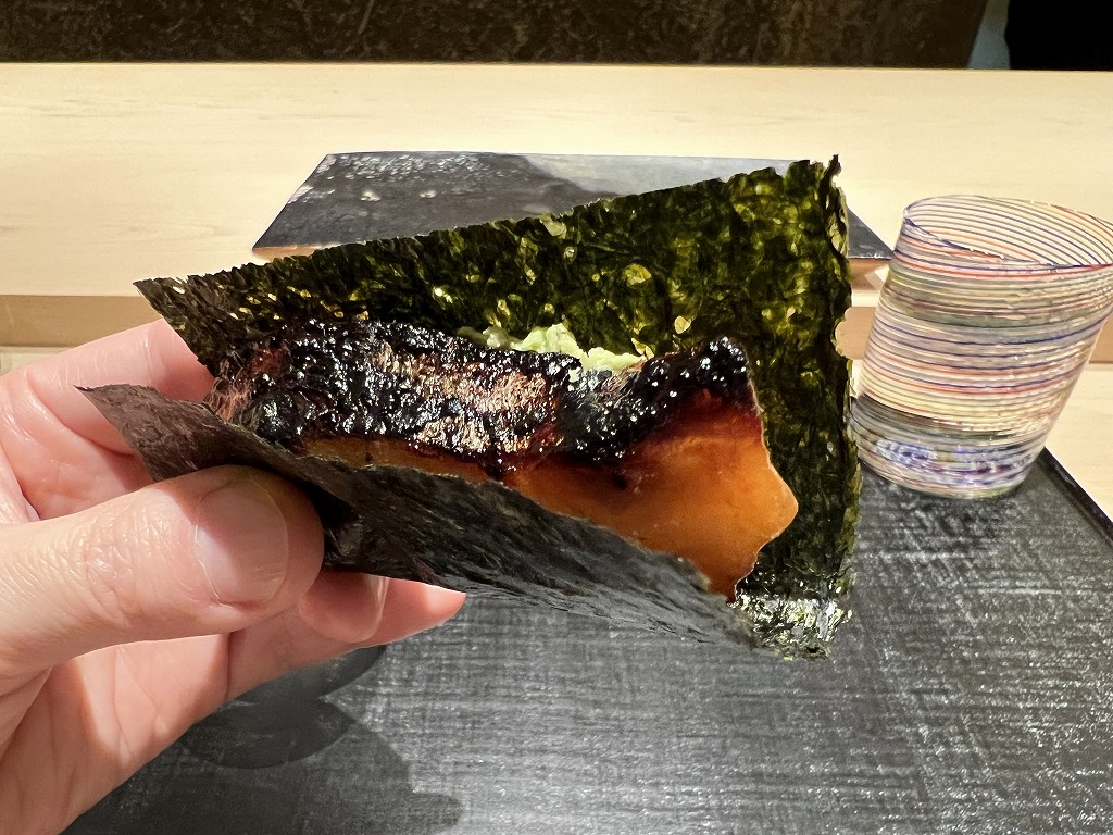 クエの磯部巻き - 鮨 くろ﨑